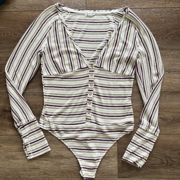 Free People Bodysuit Womens Lg By The Fire Thermal Striped Textured V-Neck Boho - Picture 2 of 11